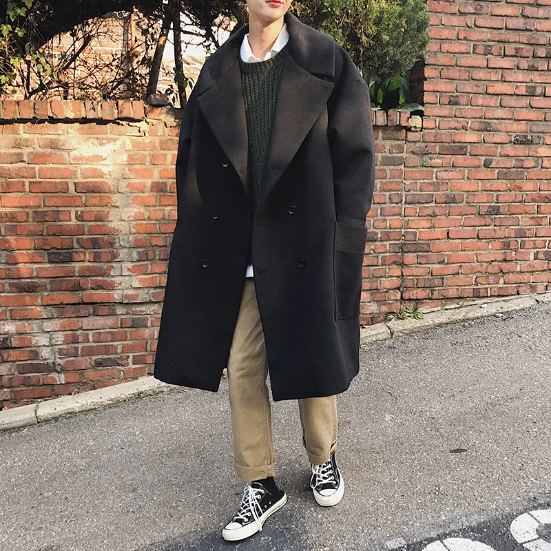 

2020 Winter Men's Cashmere Long Woolen Blends Overcoat Loose Wool Trench Male Snow Jacket Business Coats Cotton-padded Clothes