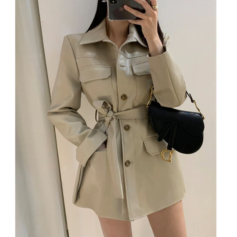 Leather Women 2019 New Spring Autumn Long Paragraph Single-Breasted Ties Belt Multi-Pocket Locomotive Casual Jacket Tide | Женская