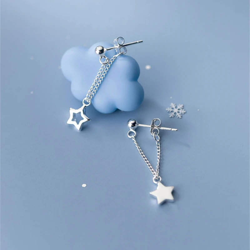 Серьги-подвески женские Асимметричные из серебра 925 пробы с полыми звездами |