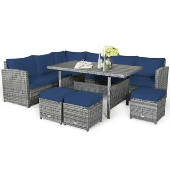 Patiojoy 7 PCS Patio Rattan Dining Set Sectional Sofa Couch Ottoman Navy HW67190ANY