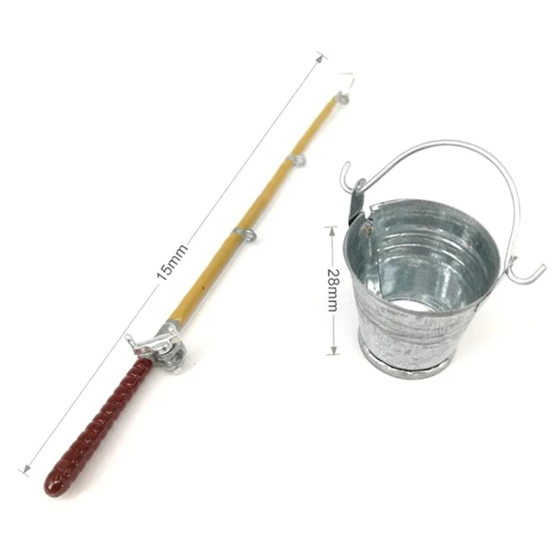 

1:12 Dollhouse Miniature Metal Fishing Rod Model+Water Bucket Doll Life Scene Doll House Decoration Dolls Attractive Accessories