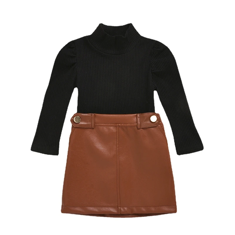 

Комплект одежды для маленьких девочек, осенне-зимняя однотонная трикотажная рубашка + кожаная юбка на пуговицах, 2 шт., милый наряд, детская о...