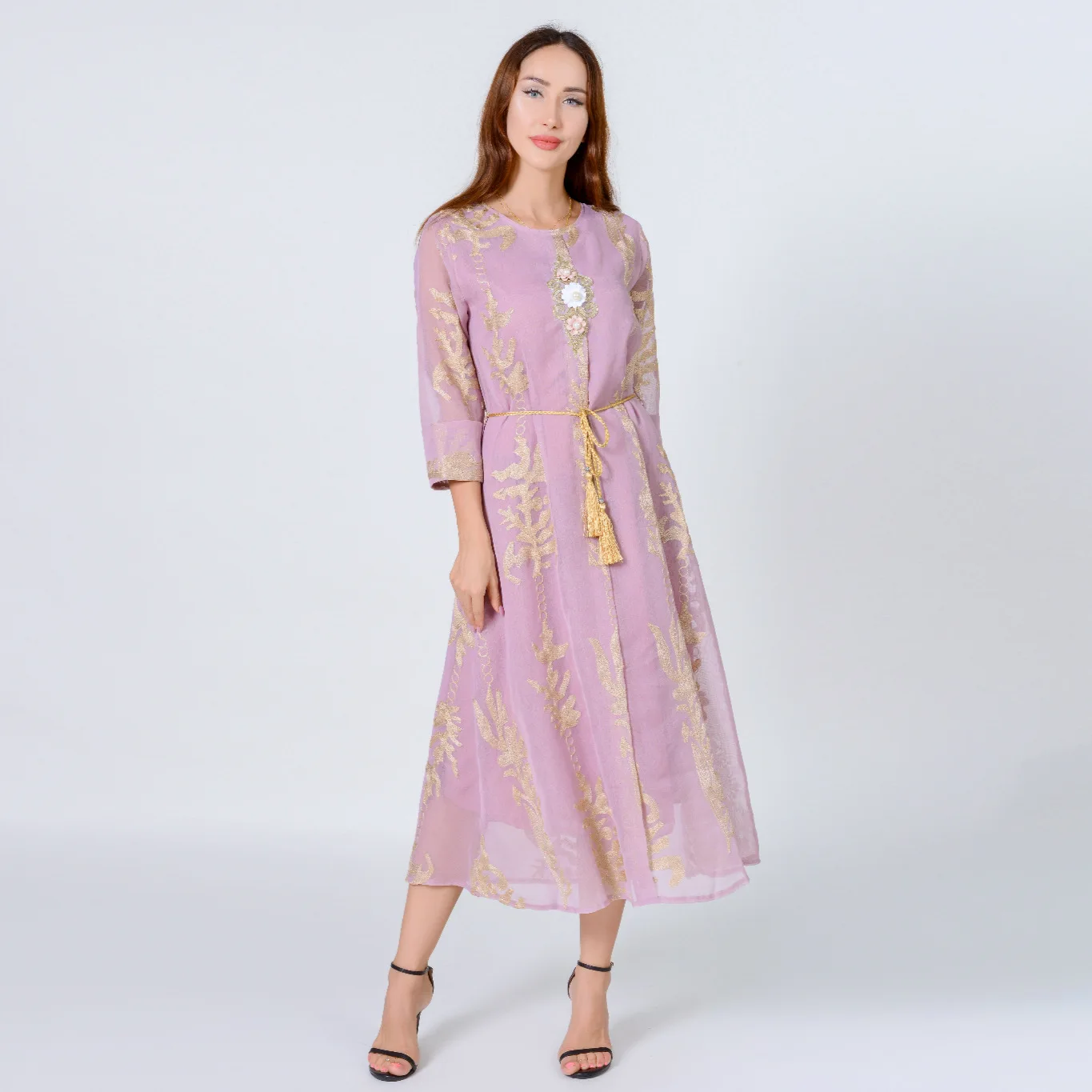 

Robe Musulmane Longue Abaya Pink Embroidered Dress Dubai Middle East Muslim For Women's Clothes