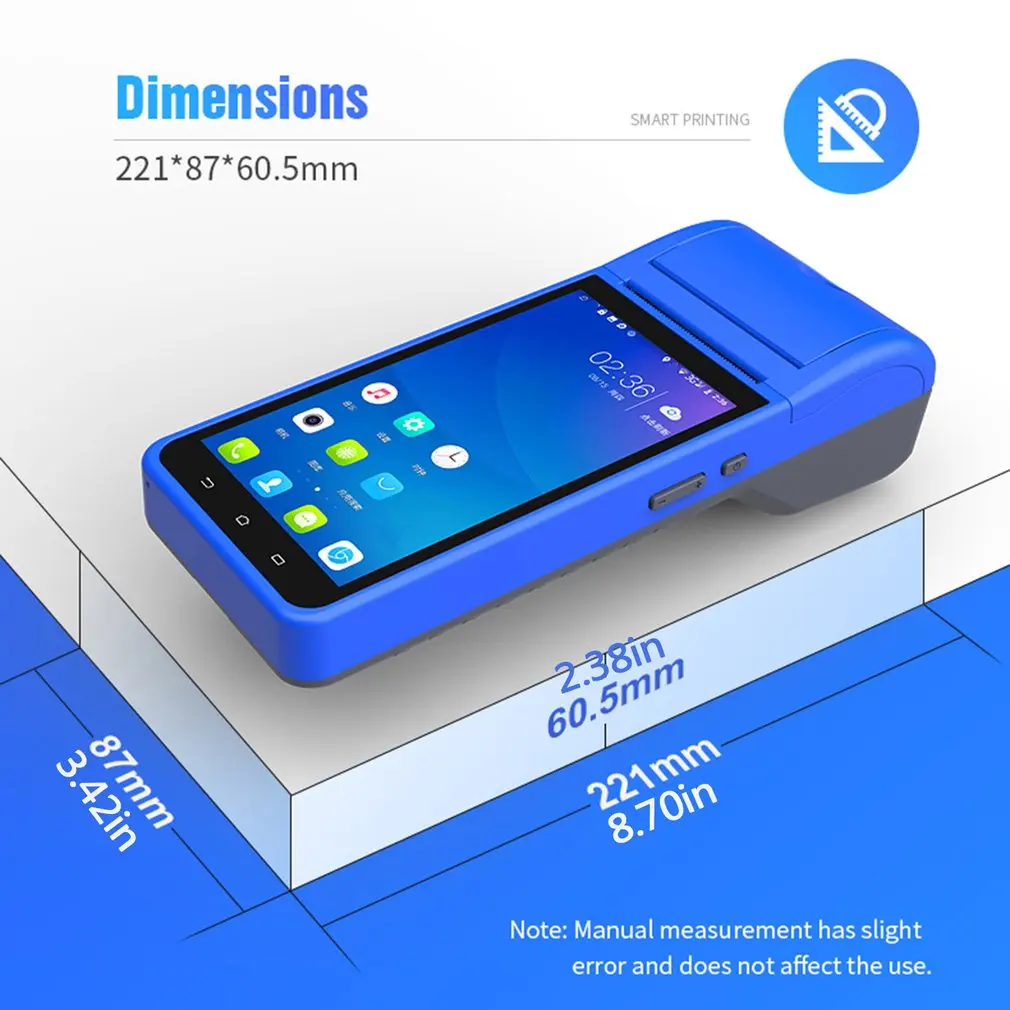 

Handheld PDA POS Terminal 3G Wifi 5.5 Inch HD IPS Display Android 8.1 POS with 58mm Receipt Printer Camera Scanner 1d 2d