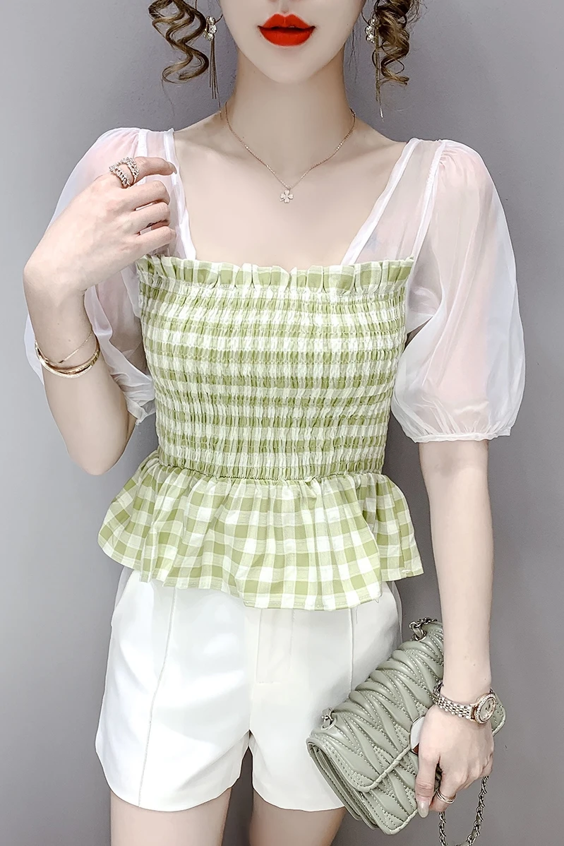 

COIGARSAM Ruffles blouse women New Summer Short Sleeve Chiffon High Waist Square Collar blusas womens tops and blouses Blue 5527