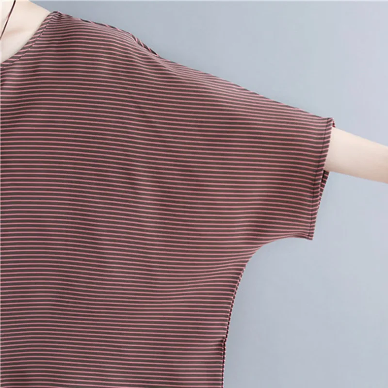 

Johnature 2021 Summer Stripes Loose Casual Batwing T-shirts Women New Simple O-neck Half Sleeve Solid Color Female Tops