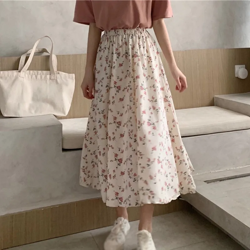 

Floral Print Ruffle Pleated Long Skirts summer Women Korean Skirt Streetwear Drawstring Elastic Waist Midi Skirt
