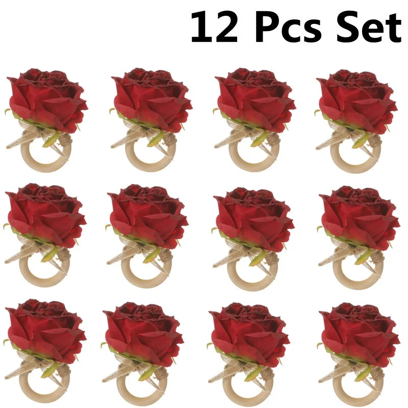

12 Pcs Set Simulation Rose Flower Napkin Buckles Decorative Napkin Rings Portable Family Gatherings Dinner Table Setting