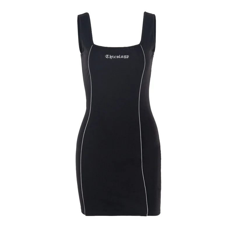Reflective Stripe Dress Women Simple Solid Spaghetti Strap Dresses Letter Embroidered Mini Short Above Knee | Женская одежда