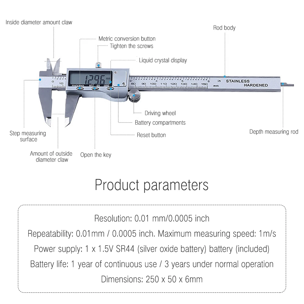 

150mm Precise LCD Digital Electronic Vernier Caliper Gauge Micrometer Measuring Tool for Measuring Instrument Vernier Calipers H