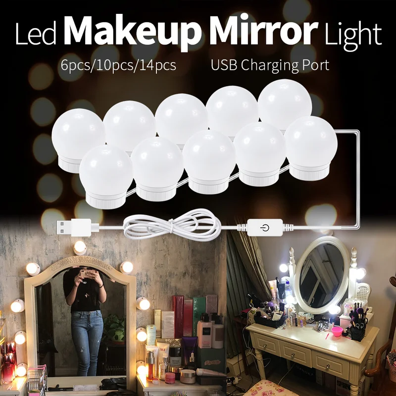 

Makeup Mirror Light Bulb Hollywood Vanity Lights Stepless Dimmable Wall Lamp 6 1014Bulbs Kit For Dressing Table CanLing LED 12V