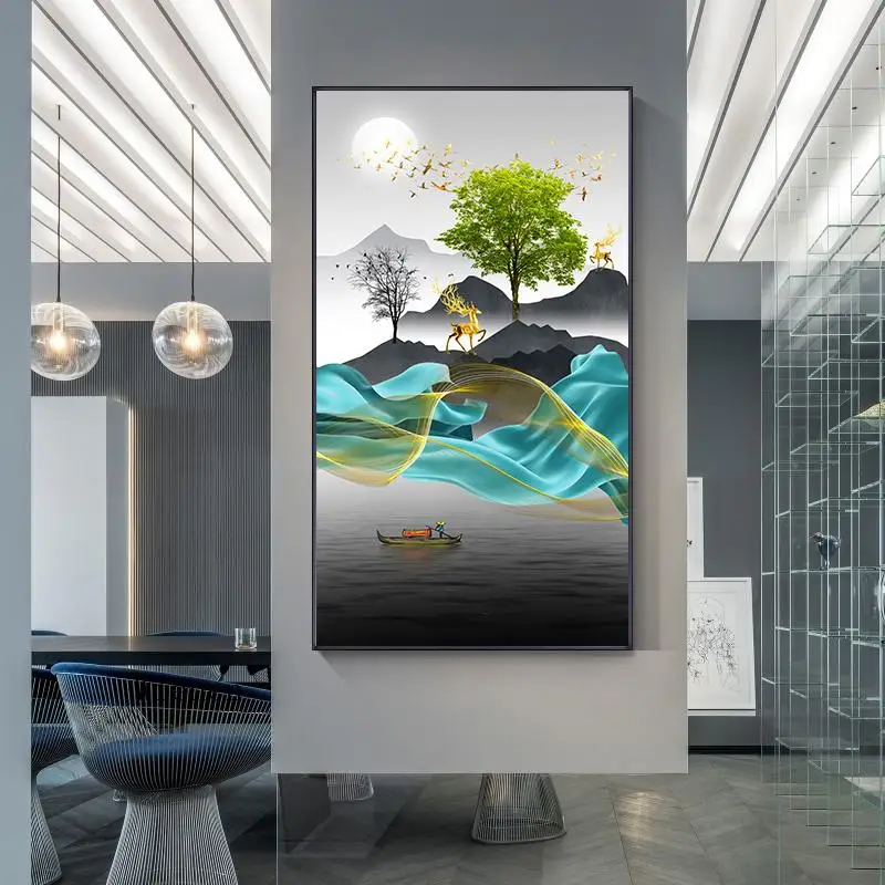 

Modern Cartoon Landscape Poster Gold Deer Art Porch Mural Decoration Canvas Painting Wall Pictures for Living Room Home