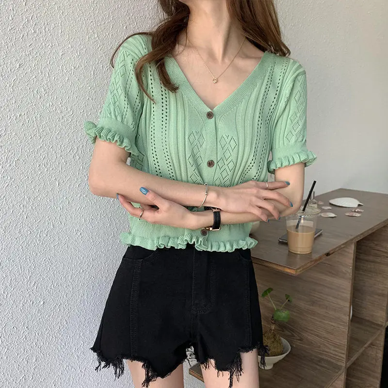 

2021 Summer New Short Hollow Short Sleeve Loose Joker Wooden Ear Knitted Backing Shirt T-Shirt Jacket Women's Wear