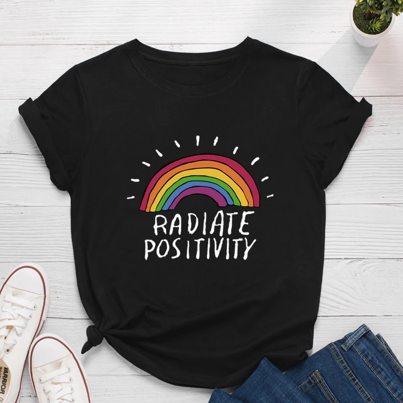 

Women T-shirt Summer Short Sleeve 100%Cotton Cute Rainbow Print Tee Harajuku Shirt Femme Cartoon Casual O Neck Tshirt Tops