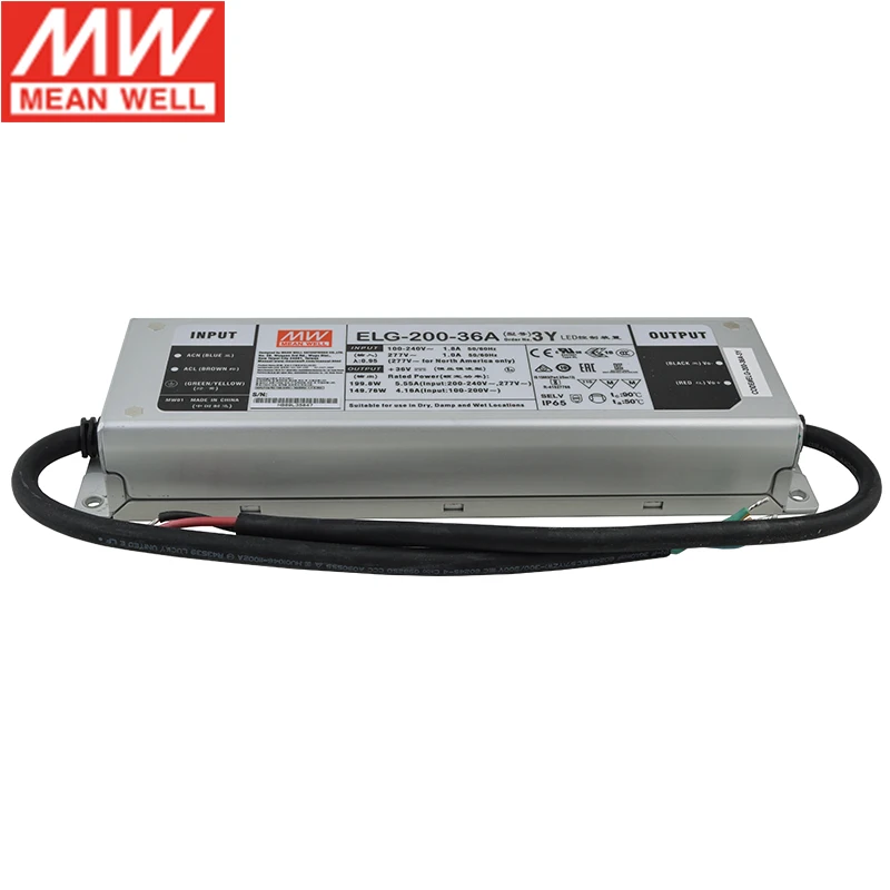 Бренд MEAN WELL представляет ELG 200 36A 3Y 200W 5.55A 36V регулируемый светодиодный Питание 110