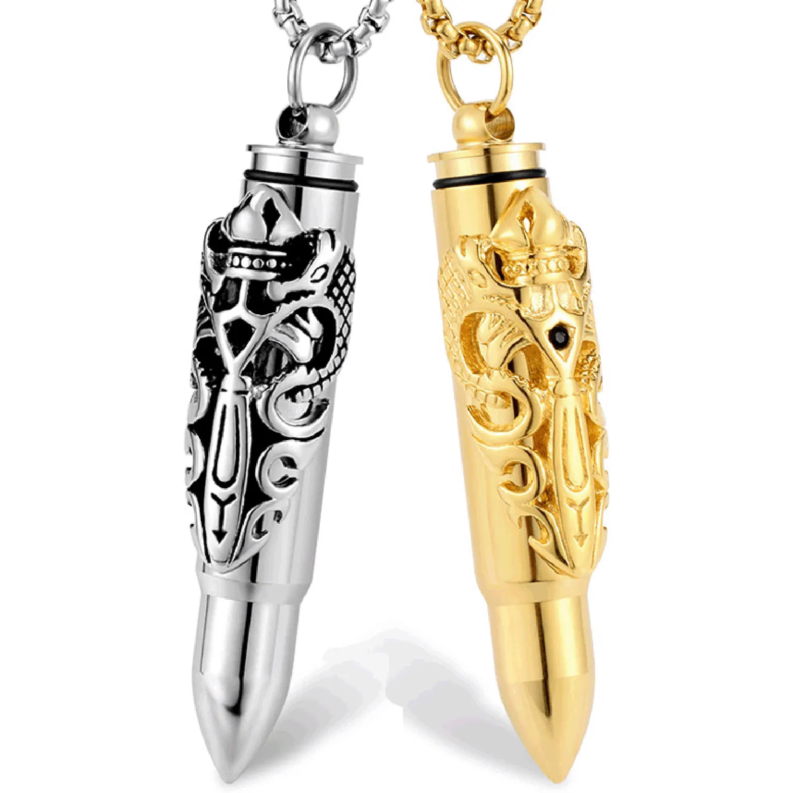 

Ash Urn Series Stainless Steel Openable Pendant for Men Antique Silver/Gold Bullet Shape Double Dragon Inlaid Black Rhinstone