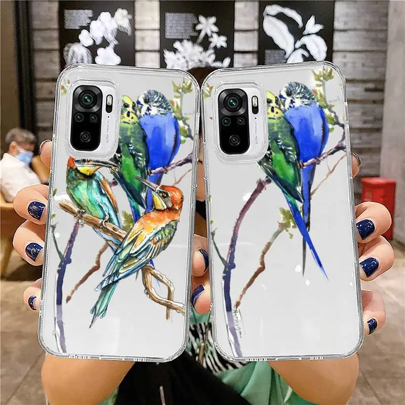 

Watercolor Lovely Birds Phone Case For Xiaomi 11 Redmi Note 10 9 8 7 pro lite T A S 10T 9A 9S 8T Pro 4G Transparent Coque Funda
