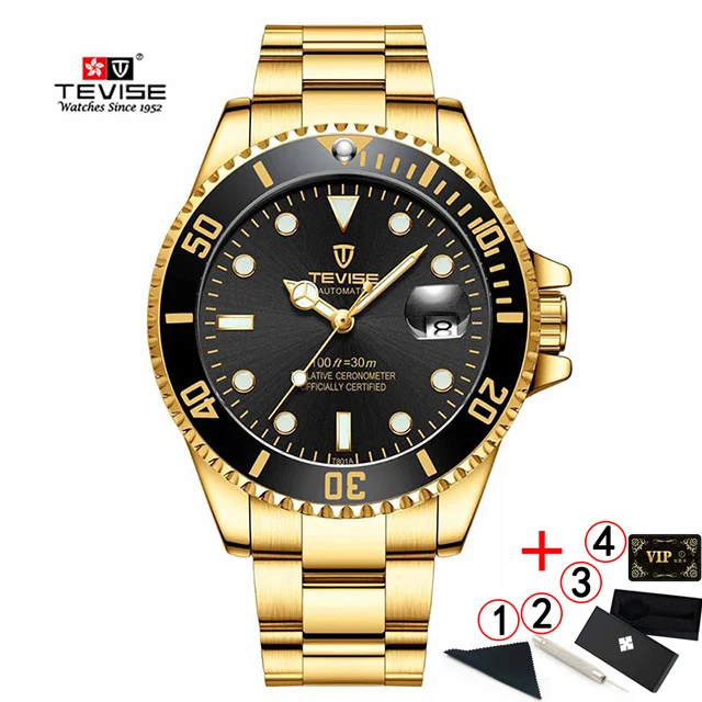 4-black-gold-box Tevise Luxury Waterproof Automatic Men Mechanical Watch Auto Date Steel Business Top Brand Man Watches Water Resistant - Color: 4-black-gold-box