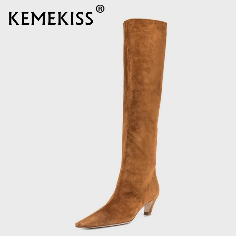 

Женские флоковые сапоги KemeKiss до колена, с квадратным носком, на необычном каблуке, без застежки, однотонная женская обувь в стиле ретро, разм...