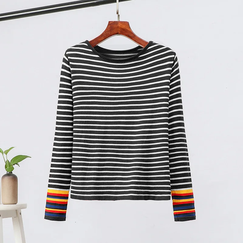 TOPPICK Autumn Sweater Women Pullover Knitted Rainbow Pull Femme Striped Stitching Bottoming Shirt Short Top | Женская одежда