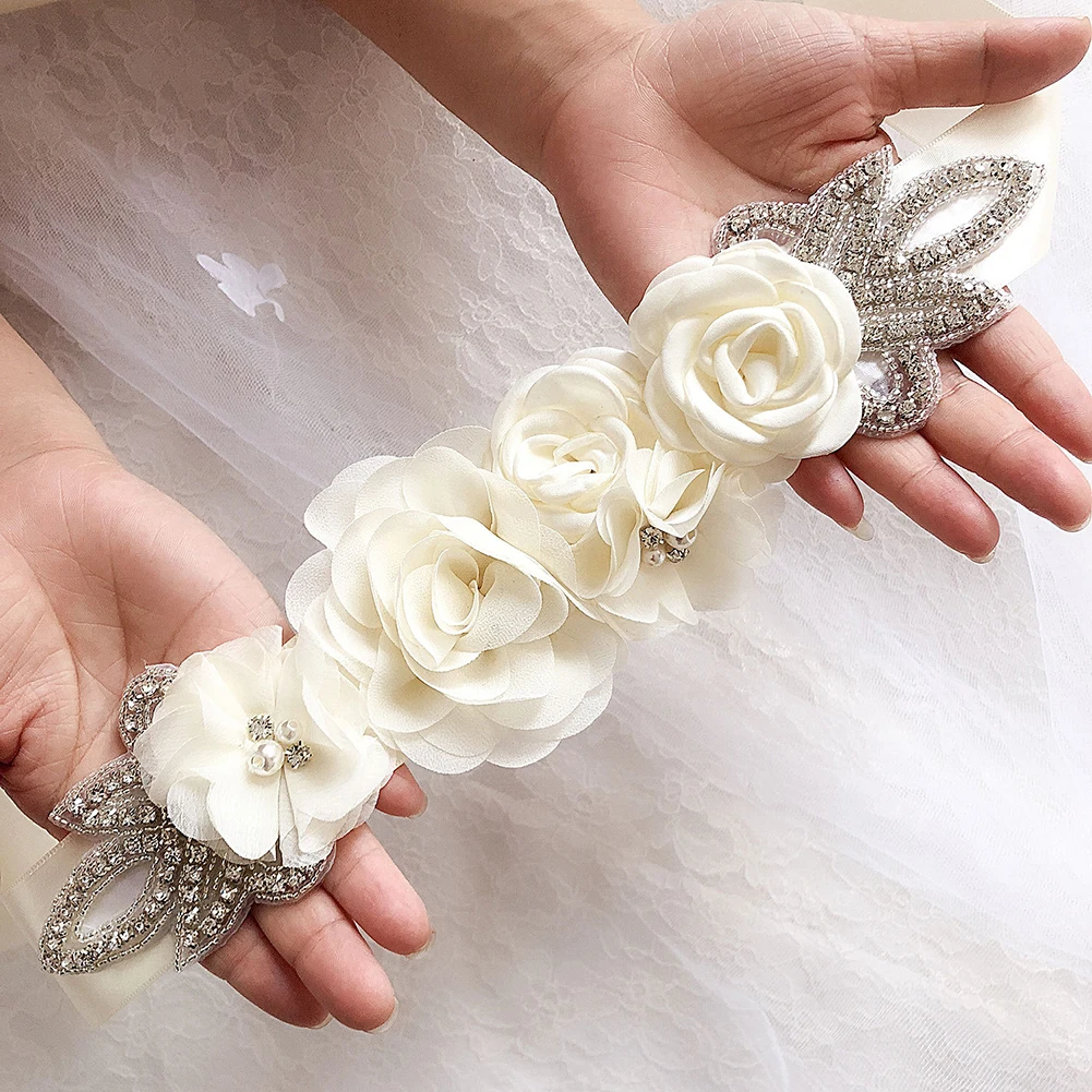

MISS M Handmade Rose Flower Pearl Bridal Belt Wedding Belts Sashes Rhinestone Crystal Beads Belt For Bridal Gowns