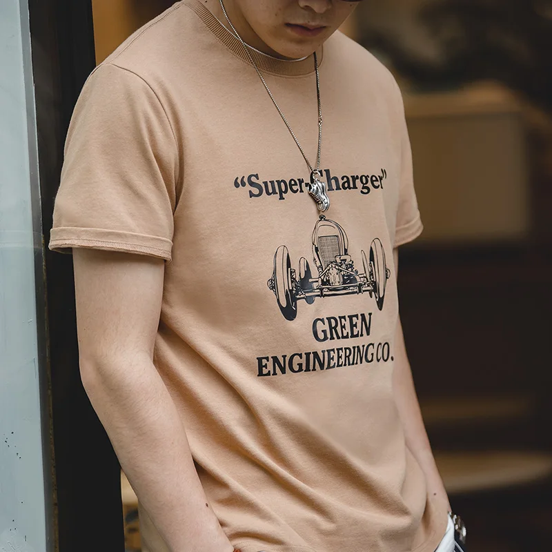 

Tooling Retro Men's T-shirts Three-needle Locomotive Style Heat Transfer T-shirt Tough Guy Print Short-sleeved Men's Trend