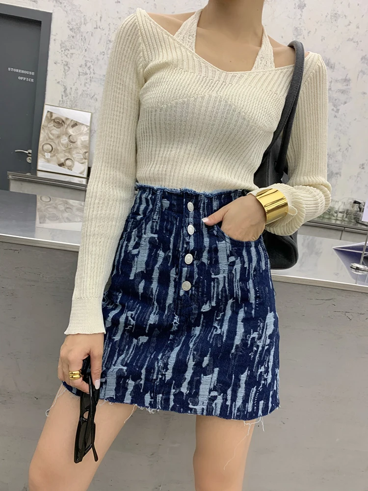 

tie Knitted Top autumn dress 2020 new women's shoulder T-shirt two-piece lace up neck