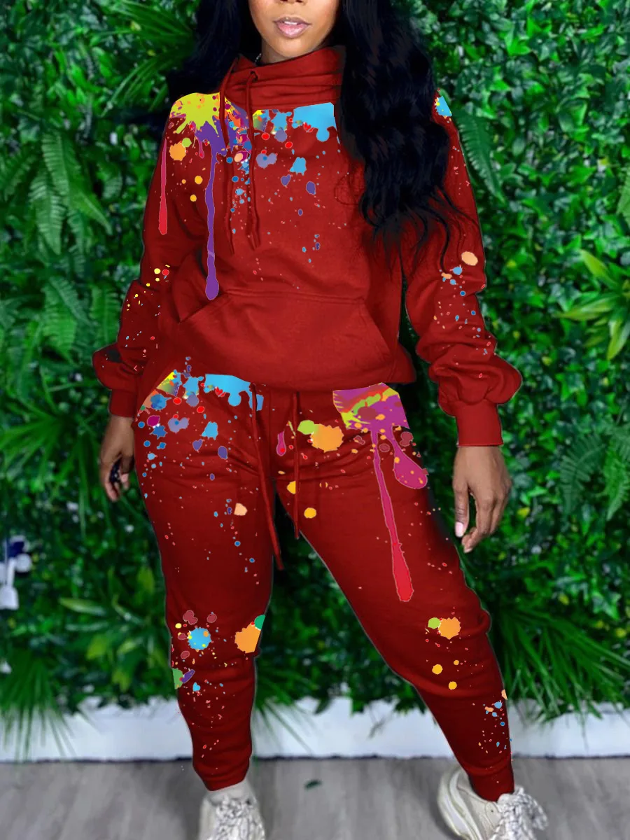 

ChocoMist Two-piece Sportswear Hooded Collar Stylish Print Two Piece Pants Set LY5890