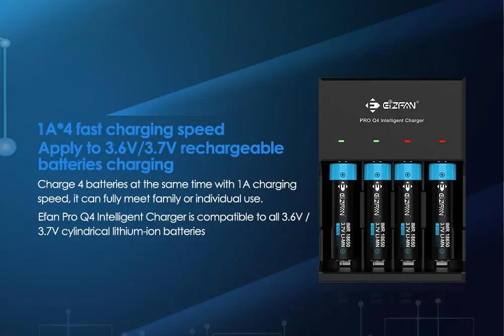 Новое зарядное устройство Eizfan Efan Q4 18650 интеллектуальное светодиодный дисплей Pro 4