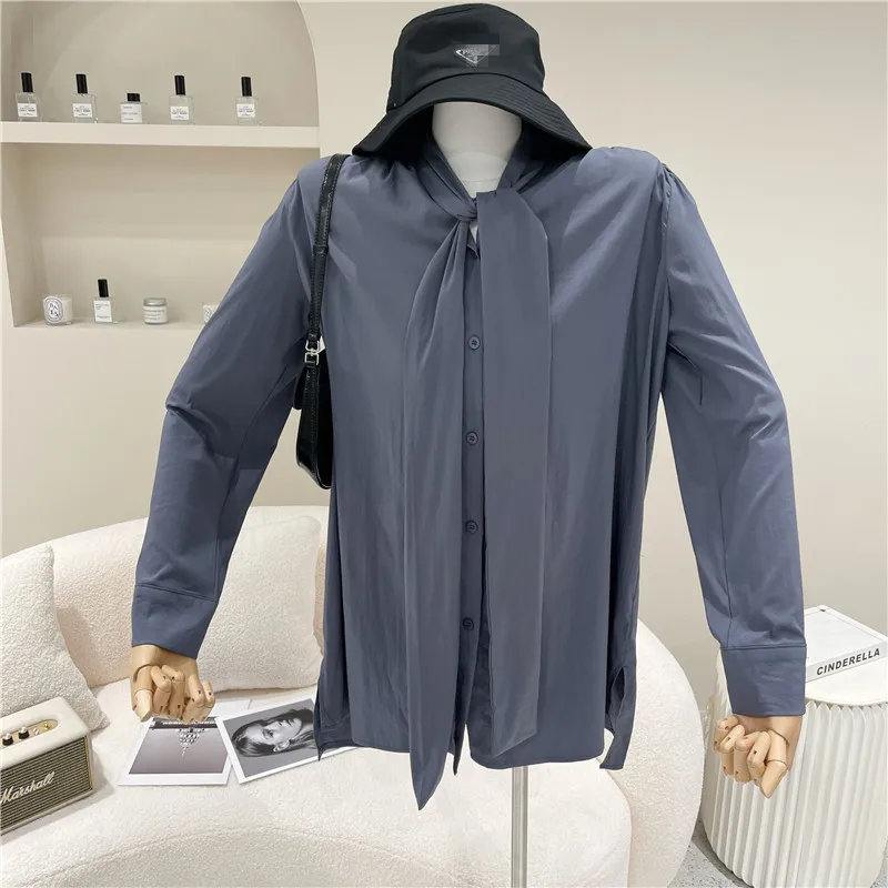 

Women's Spring Summer 2021 Fashion Long sleeve Ribbon Shirt Temperament bow Shirt Top