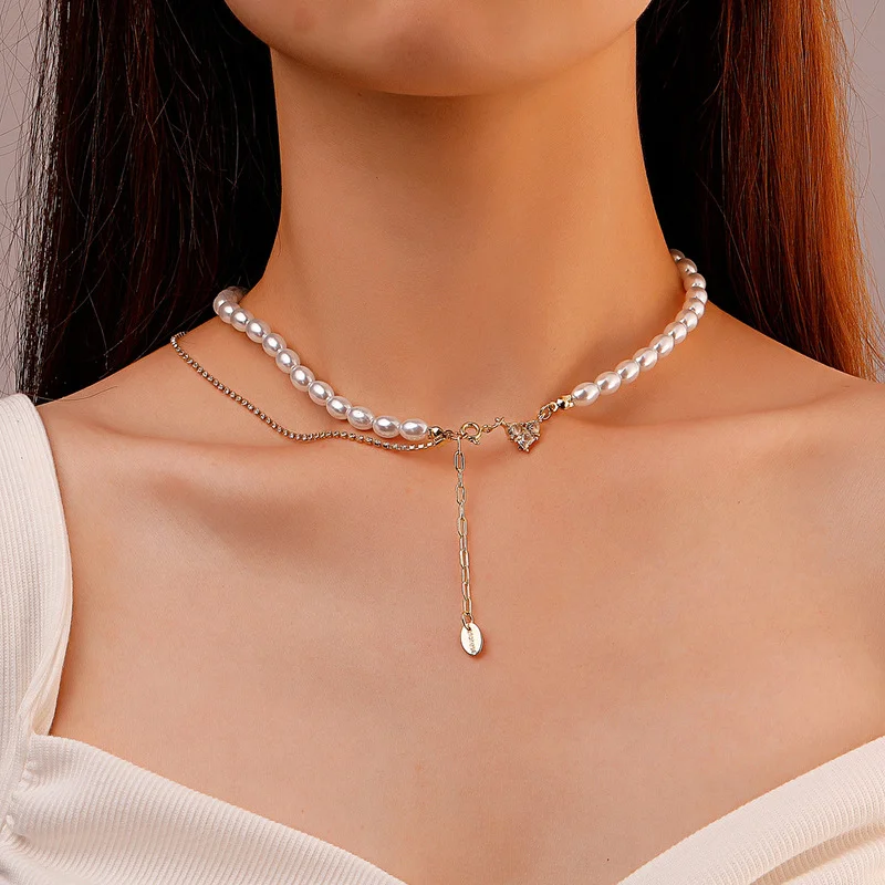 

Origin Summer Textured Asymmetric Cubic Zircon Chokers Necklace for Women Beaded Simulation Pearl Love Heart Necklace Jewelry