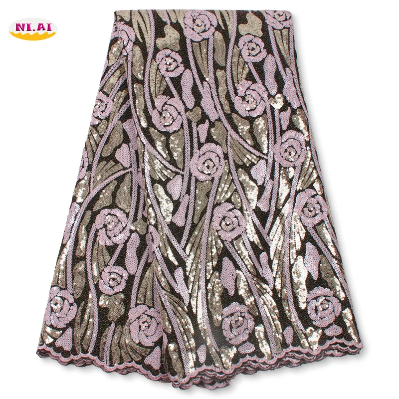

High Quality African Nigerian Tulle Lace Fabric Gold Embroidery Sequence Lace Fabric For Woman Dress 5yards/lot NA4386B-2
