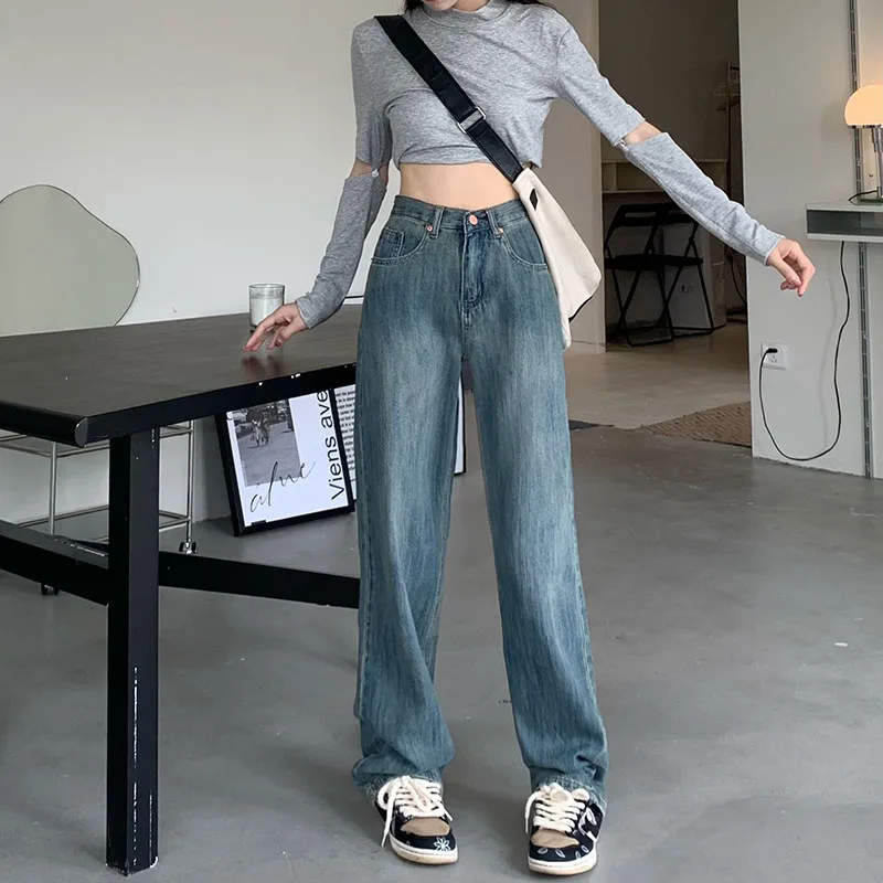 

Korean Women Loose And Thin Straight Cowboy Trousers 2021 Autumn New Vintage All-Match Water Wash Jeans Ladies Wide Leg Pants