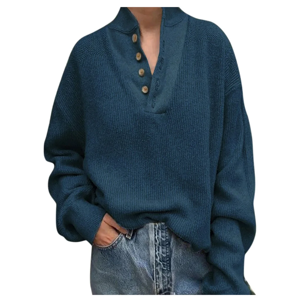 

Solid Knitted Cotton Vintage Button Turtleneck Sweatshirt Women Oversized Loose Plus Size 5XL Winter Tops 2020New Fashion Female