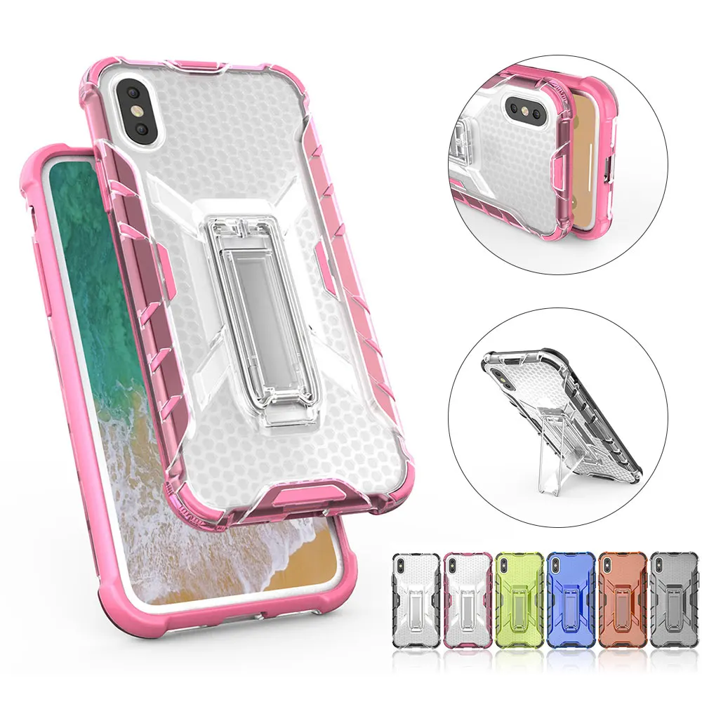 Luxury Shockproof Phone Case For iPhone 7 X XS 6 6S 8 Plus Colorful Transparent Kickstand TPU+PC Back Cover |