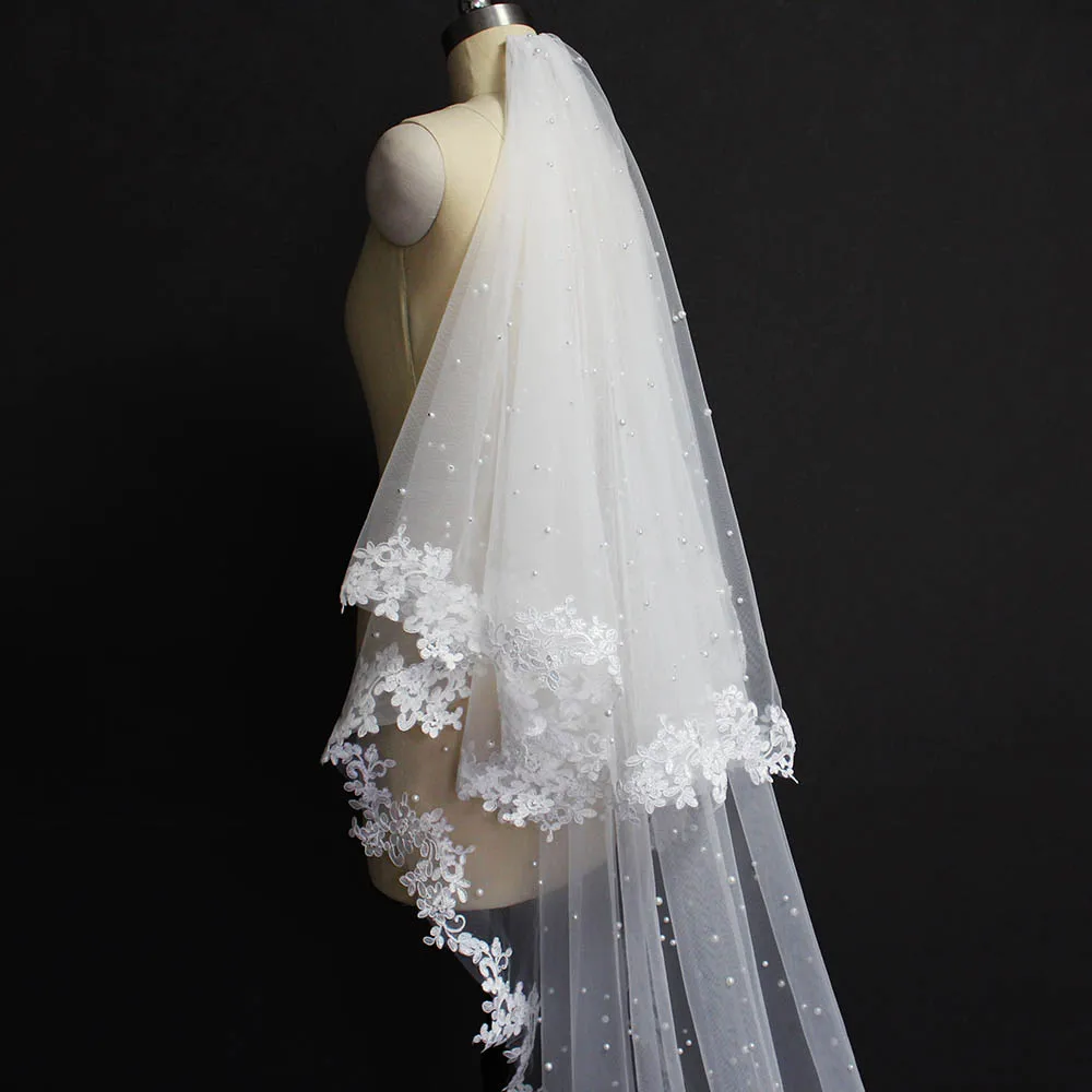 Pearls Wedding Veil with Lace 2 Layers Cover Face Bridal 3.5 Meters Long Blusher Accessories | Свадьбы и торжества
