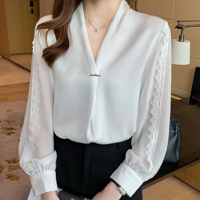 

Chiffon Blouse for Women 2021 Lace Stitching Sexy Tops Female V-neck Shirt Black Long Sleeve Solid Elegant Blusas White 1282