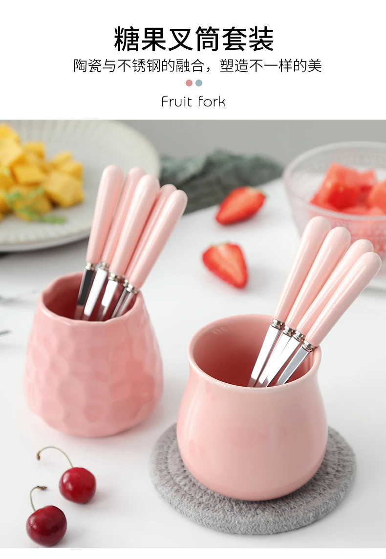 

Retro Stainless Fruit Fork Ceramics Kitchen Cute Mini Creative Fruit Fork Holder For Kids Fourchette Camping Accessories EI50FF