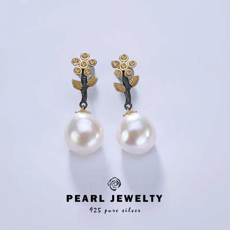 

S925 sterling silver plum blossom baroque pearl earrings vintage exaggerated personalized women's ear studs earrings