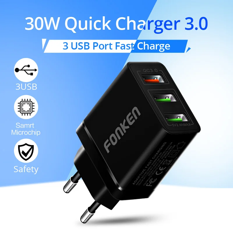 FONKEN USB Charger Quick Charge 3.0 Fast Charger 3 Port QC3.0 QC2.0 Charging for Phone Mobile Tablet Multi Wall Adapter