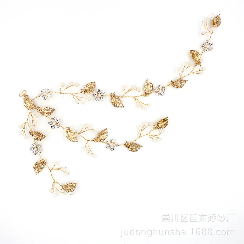 

O368 Handmade Bridal Tiara Natural Elegant Leaves Milky White Beaded Trigeminal Bridal Headband