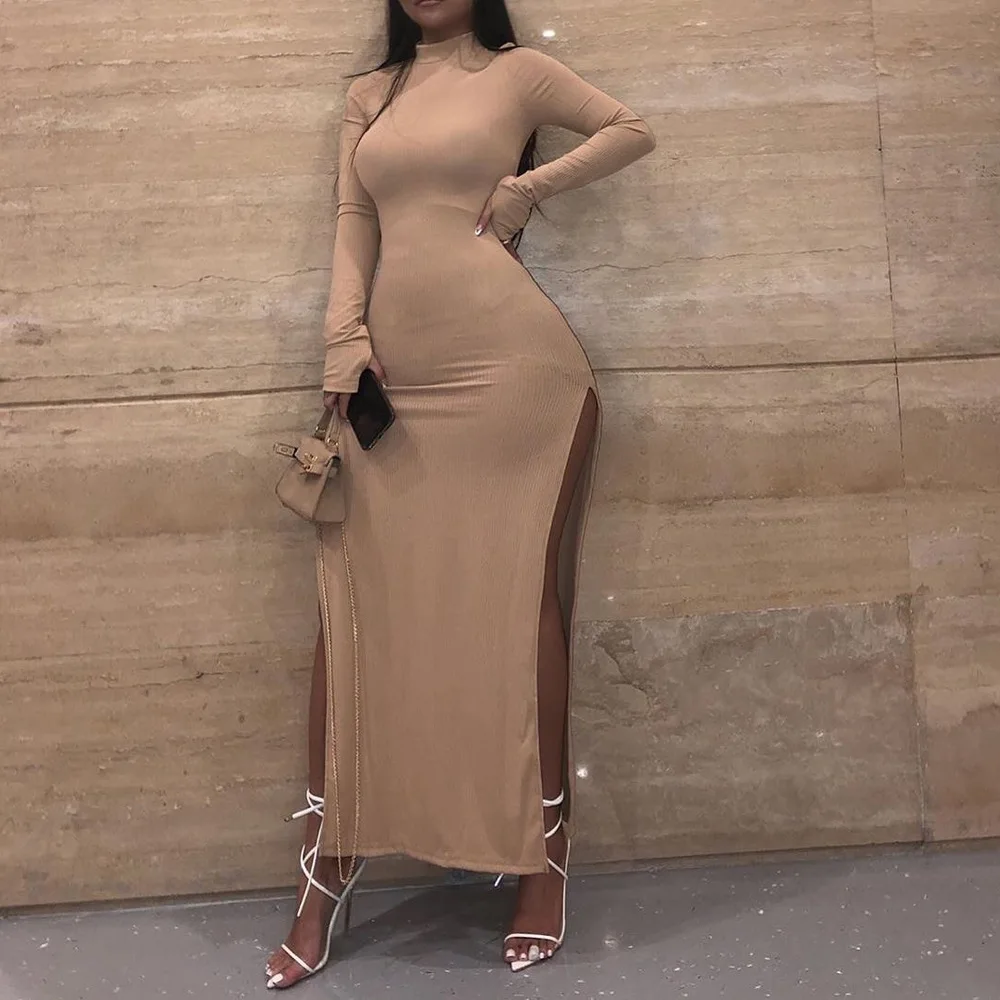 

Sexy split pit strip windproof sleeve high neck solid color nightclub long skirt dress women's clothing women's clothes dress au