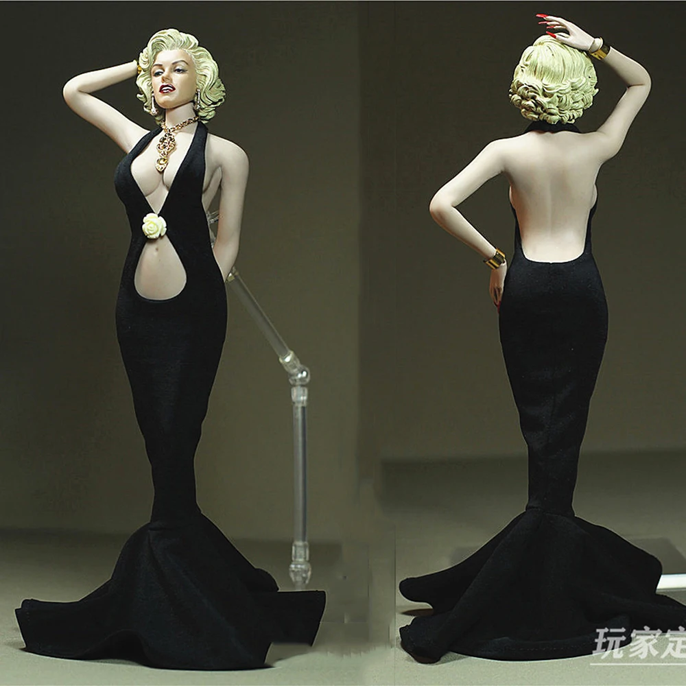 

Rose Black Color 1/6 Scale Sexy Female Woman Fluffy Tail Dress Deep V Evening Long Skirt Cloth Model for 12'' Largest Bust Body