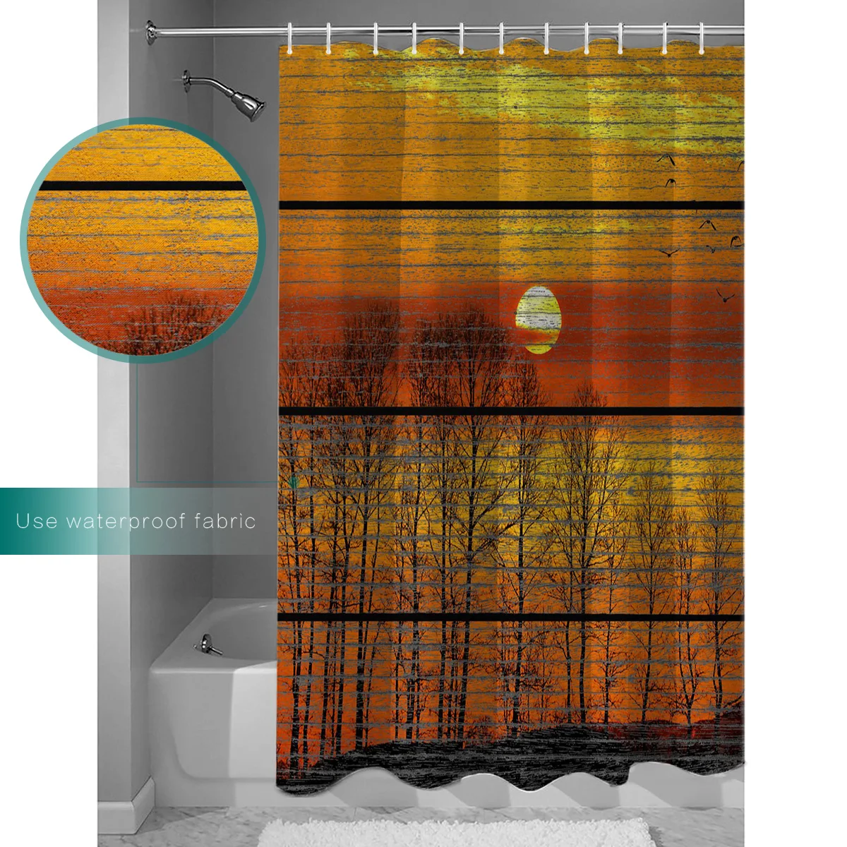 Waterproof Curtain Wood Grain Effect Sunset Trees Birds Fabric Shower Home Bathroom Decor | Дом и сад