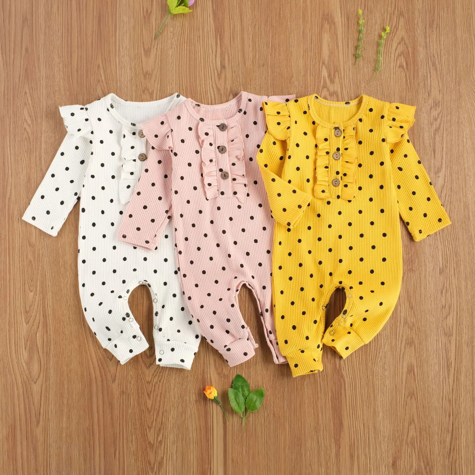 

0-18M Babies Romper Polka Dot Long Sleeve O-neck Jumpsuit Spring Autumn Ruffled Casual Long Rompers for Boys Girls