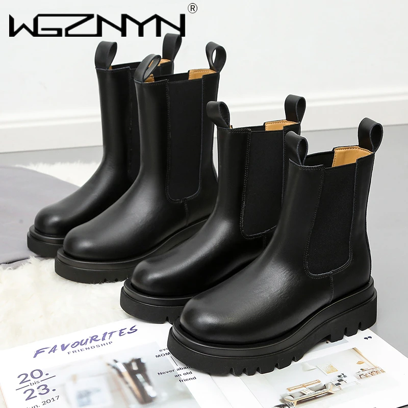 

WGZNYN 2021 Chelsea Boots Brand Designer Women Shoes PU Leather Ankle Boots Black Female Autumn Fashion Platform Boots