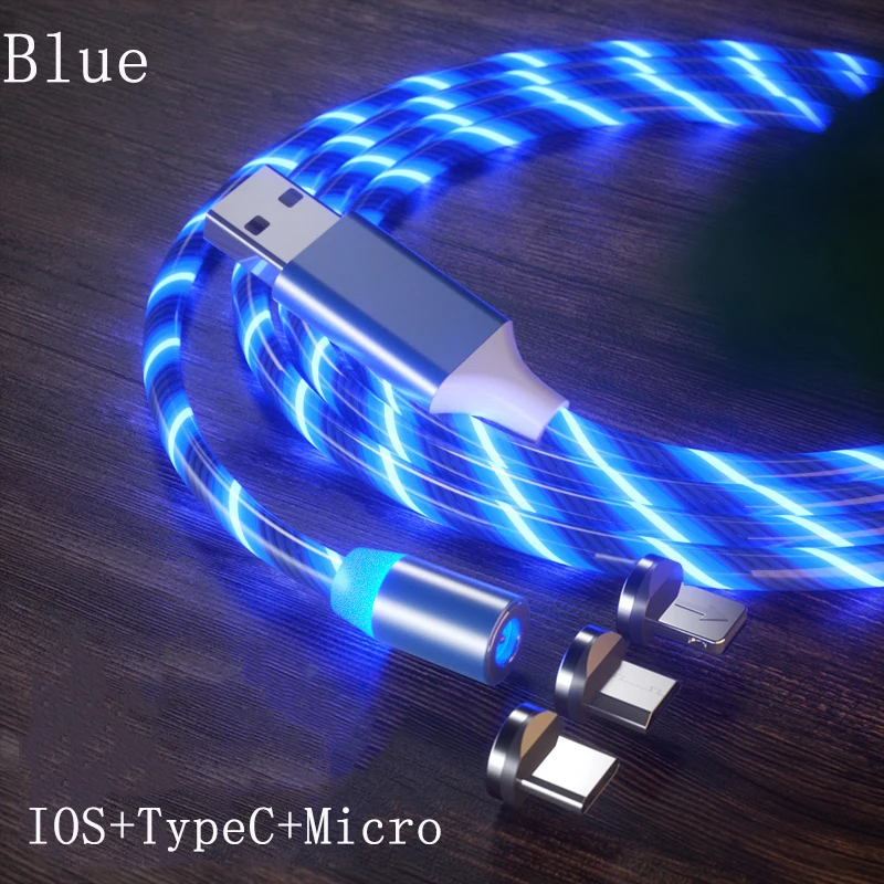 1 м Магнитный Кабель зарядного устройства течет с подсветкой портом Micro USB Type c
