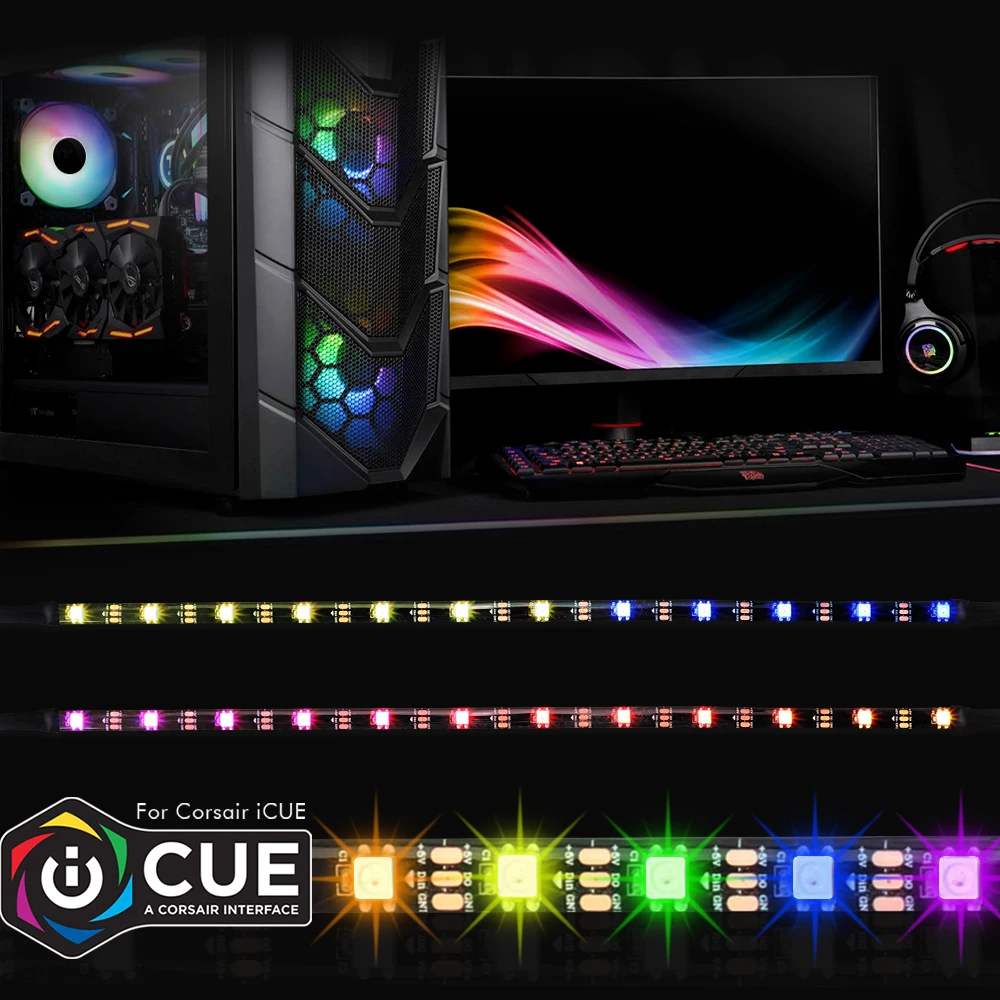 40 см Адресуемая WS2812b цифровая светодиодная лента Радуга RGB светодиодный комплект освещения для ПК чехол для компьютера декор, для iCUE CORSAIR интерфейс