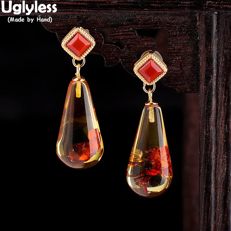 

Uglyless High-end Natural Flower Amber Earrings for Women Water Drop Amber Gemstone Dress Earrings 925 Silver Agate Square Jewel