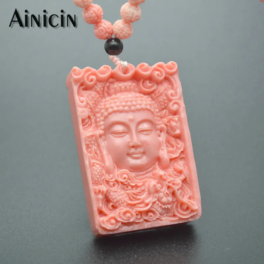 

New Arrival Chinese Style Gunyin Buddha Pendant Pink Color Imitated Shell Powerd Sweater Chain Necklace Women Spring Jewelry